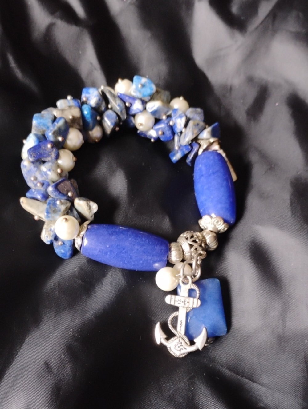Blue Lapis & Pearl Beaded Stretch Bracelet with Anchor Charm